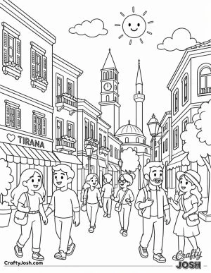 A cheerful city street scene shows colorful buildings, a smiling sun, and happy people walking and chatting together