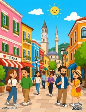 A cheerful city street scene shows colorful buildings, a smiling sun, and happy people walking and chatting together