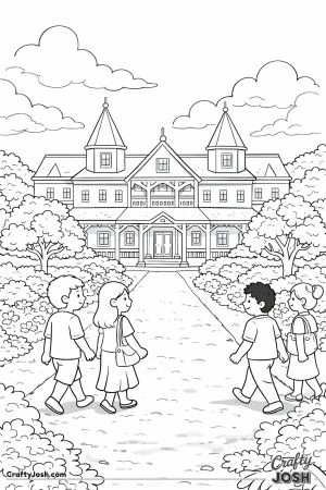 A simple symmetrical palace stands at the end of a garden path while a few kawaii-style people walk toward it between trees and bushes.