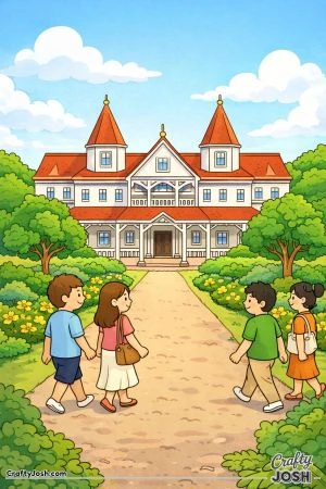 A simple symmetrical palace stands at the end of a garden path while a few kawaii-style people walk toward it between trees and bushes.
