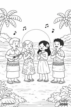 A group of simple kawaii-style people stand on a beach singing together with a large sun setting behind them over the ocean.