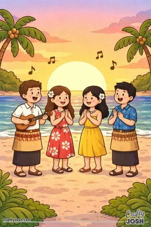 A group of simple kawaii-style people stand on a beach singing together with a large sun setting behind them over the ocean.