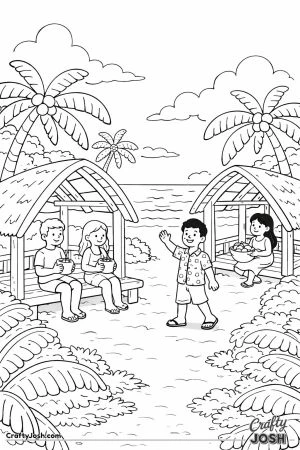 Simple kawaii-style people relax and walk between open huts with curved roofs, surrounded by palm trees and a calm ocean in the background.