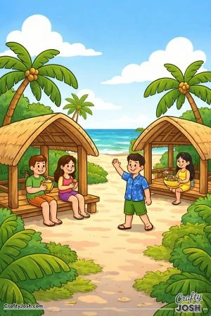 Simple kawaii-style people relax and walk between open huts with curved roofs, surrounded by palm trees and a calm ocean in the background.
