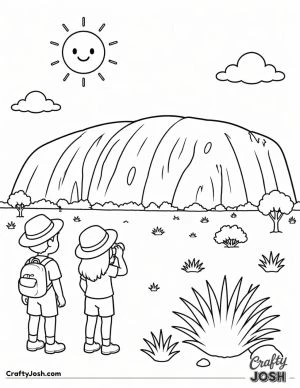 A large rounded rock stands in a simple desert landscape while two small people look at it under a smiling sun