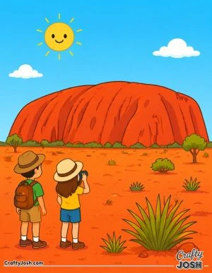 A large rounded rock stands in a simple desert landscape while two small people look at it under a smiling sun