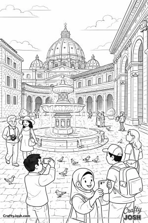 A bright courtyard scene shows a grand fountain surrounded by classical buildings, with visitors walking, taking photos, and pigeons scattered across ..