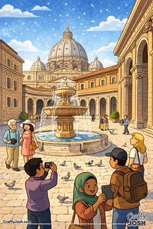 A bright courtyard scene shows a grand fountain surrounded by classical buildings, with visitors walking, taking photos, and pigeons scattered across ..