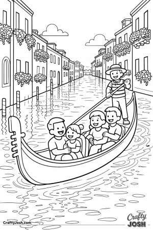 A gondola floats along a calm canal with smiling families inside while a gondolier rows past buildings decorated with flower-filled balconies under a ..