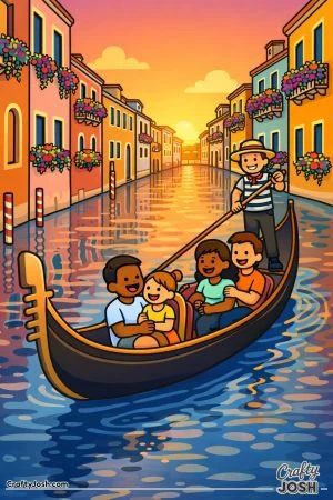 A gondola floats along a calm canal with smiling families inside while a gondolier rows past buildings decorated with flower-filled balconies under a ..