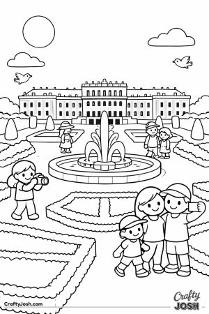 A simple palace garden scene shows a large building in the background, a central fountain, trimmed hedges, flowers, and people walking and taking ..