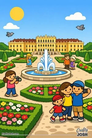 A simple palace garden scene shows a large building in the background, a central fountain, trimmed hedges, flowers, and people walking and taking ..