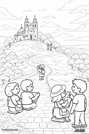 A peaceful hill scene shows a white church at the top with a winding path and people walking, sketching, and taking photos along the way.