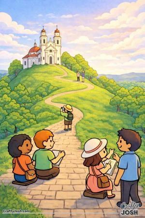A peaceful hill scene shows a white church at the top with a winding path and people walking, sketching, and taking photos along the way.
