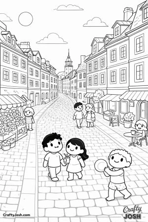 People walk and chat along a cobblestone street lined with colorful buildings, flower stands, and small cafes in a sunny old town scene