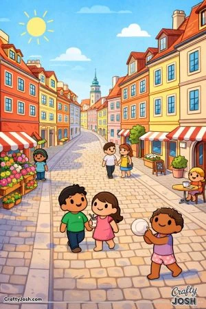 People walk and chat along a cobblestone street lined with colorful buildings, flower stands, and small cafes in a sunny old town scene