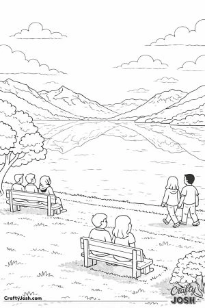 People sit on benches and walk along a grassy lakeside while looking at calm water with mountains in the distance