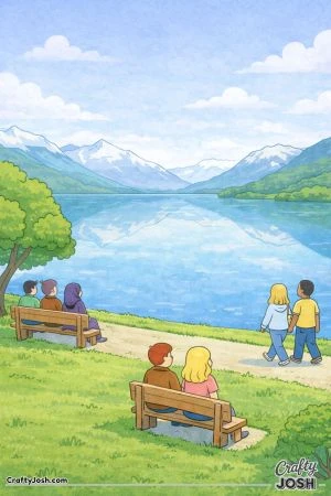 People sit on benches and walk along a grassy lakeside while looking at calm water with mountains in the distance