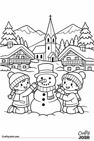Austrian alpine village children snowman