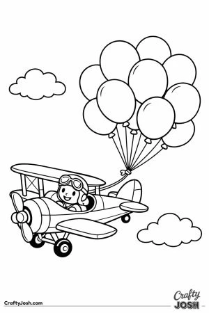 Biplane delivering a big bunch of birthday balloons