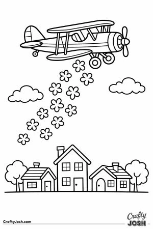 Biplane dropping flower petals over a cartoon town