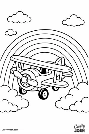 Biplane flying alongside a large rainbow arc