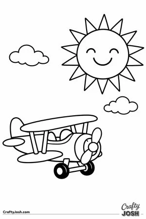 Biplane flying near a big smiling sun