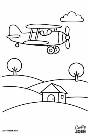Biplane flying over rolling hills and a farmhouse