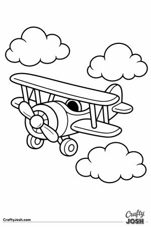 Biplane flying through three big puffy clouds