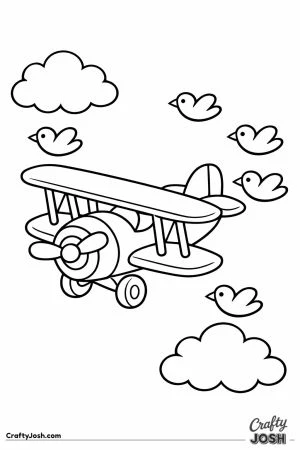Biplane flying with a flock of cartoon birds
