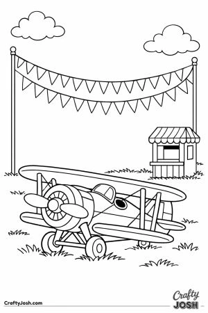 Biplane parked at a country fair with bunting