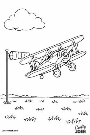 Biplane taking off from a grass field with windsock