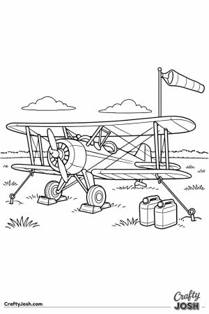 Biplane tied down at a quiet grass field with fuel cans