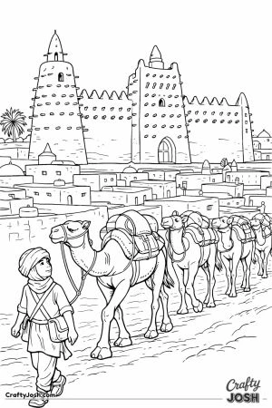Boy and camel caravan by djinguereber mosque