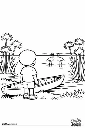 Boy at okavango delta with mokoro canoe