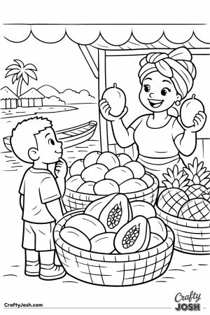 Boy choosing fruit at riverside market stall