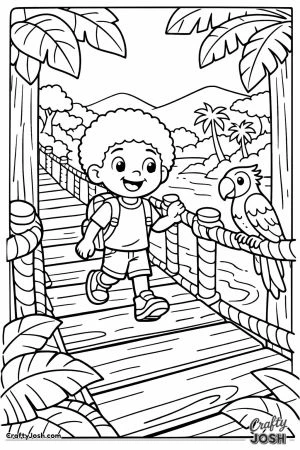 Boy crossing rainforest rope bridge