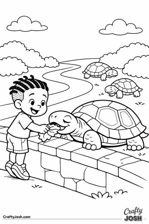 Boy feeding giant tortoise at low wall