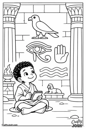 Boy looking at hieroglyphs in temple