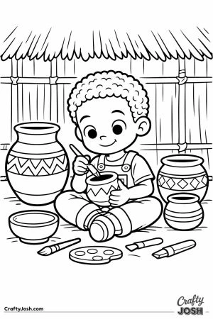 Boy painting clay pots by hut