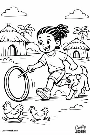Boy rolling hoop through village