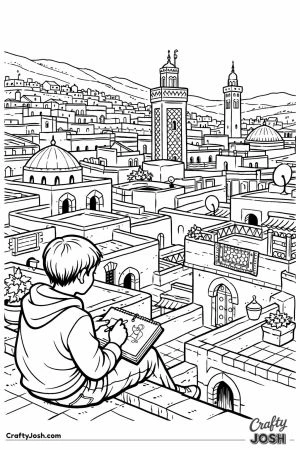 Boy sketching fez medina rooftop panorama