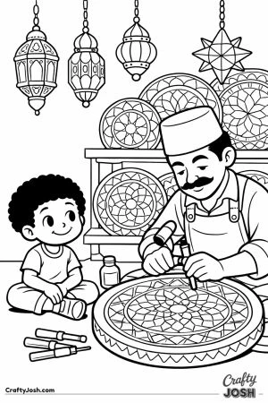 Boy watching coppersmith in fez workshop
