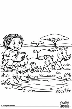 Boy watching warthog family at pond