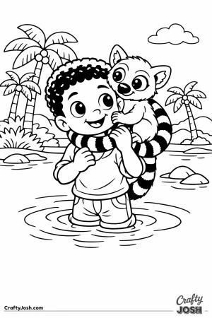Boy with lemur on shoulders in madagascar