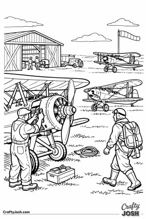 Busy 1920s airfield with three biplanes and mechanic