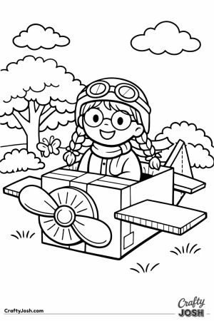 Child with braids and glasses flying a cardboard box biplane
