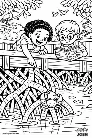 Children on mangrove boardwalk spotting crab