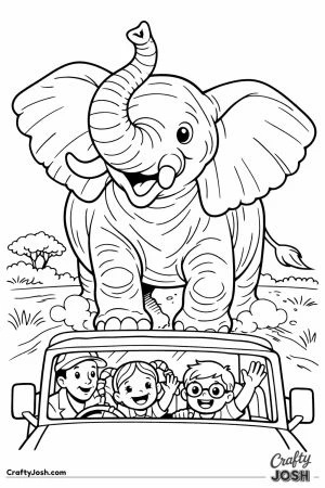 Elephant blocking safari vehicle children waving