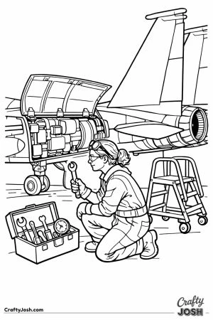 Engineer with toolbox working on an f 15 eagle engine bay